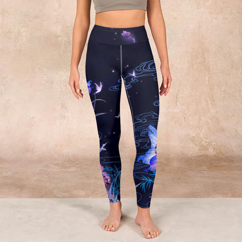 Buddha Stones Midnight Blue Flower Purple Butterfly Exercise Leggings Women's Yoga Pants
