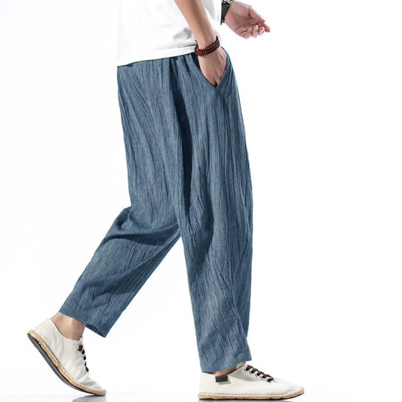 Buddha Stones Casual Plain Pleated Design Drawstring Men's Long Cotton Linen Harem Pants With Pockets