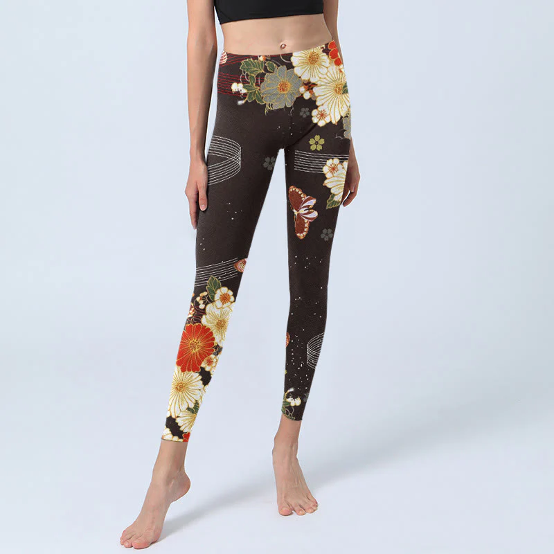 Buddha Stones Floral Butterfly Pattern Print Gym Leggings Women's Yoga Pants