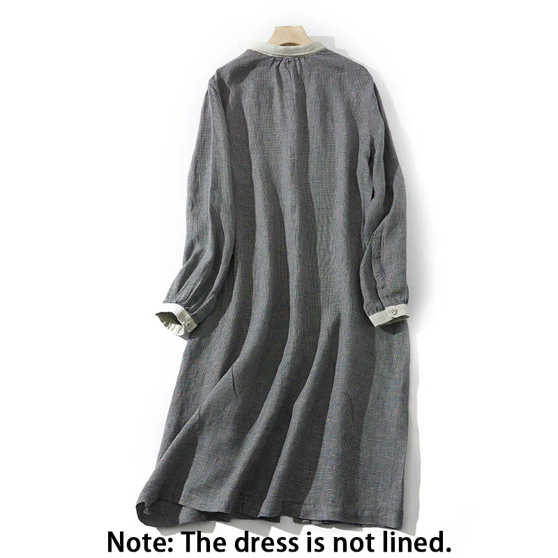 Buddha Stones Commute Retro DimGray Plaid Lantern Sleeve Cotton Linen Midi Dress With Pockets