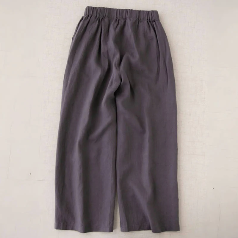 Buddha Stones Wild Plain Cotton Linen Women's Wide Leg Pants With Pockets