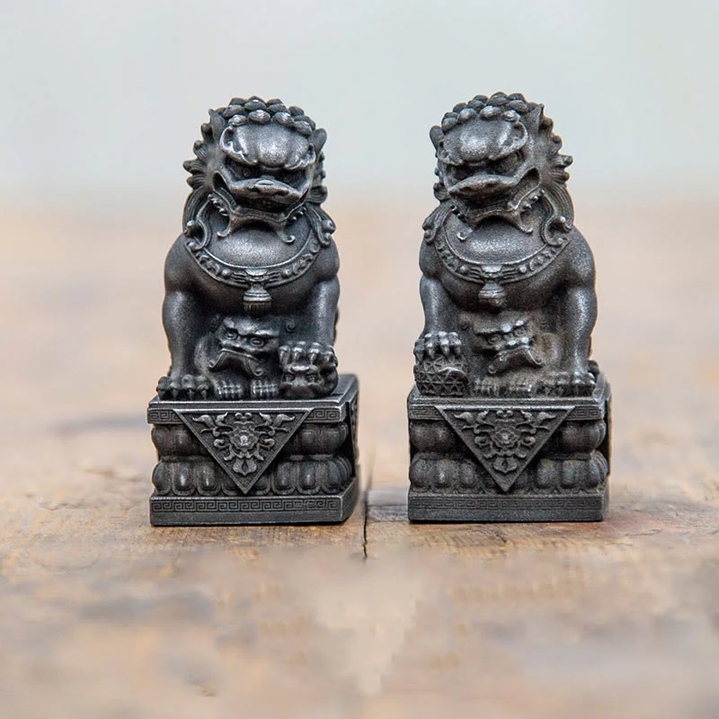 Buddha Stones Handmade Lion Fu Foo Dogs Iron Powder Rust Cast Resin Statue Ward Off Evil Protection Home Decoration