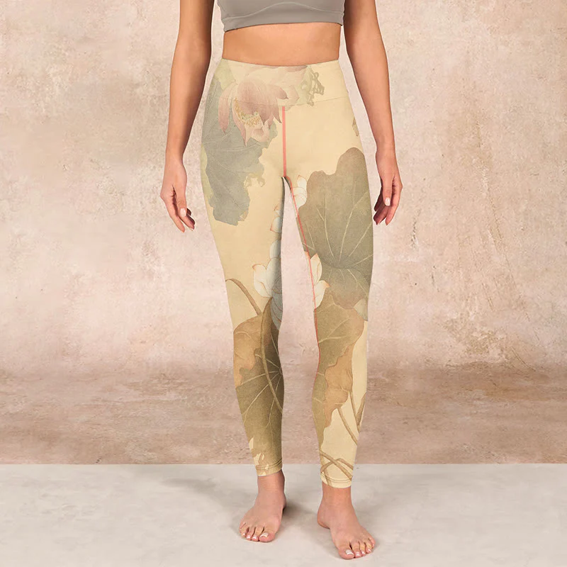Buddha Stones Lotus Flowers Leaves Print Gym Leggings Women's Yoga Pants