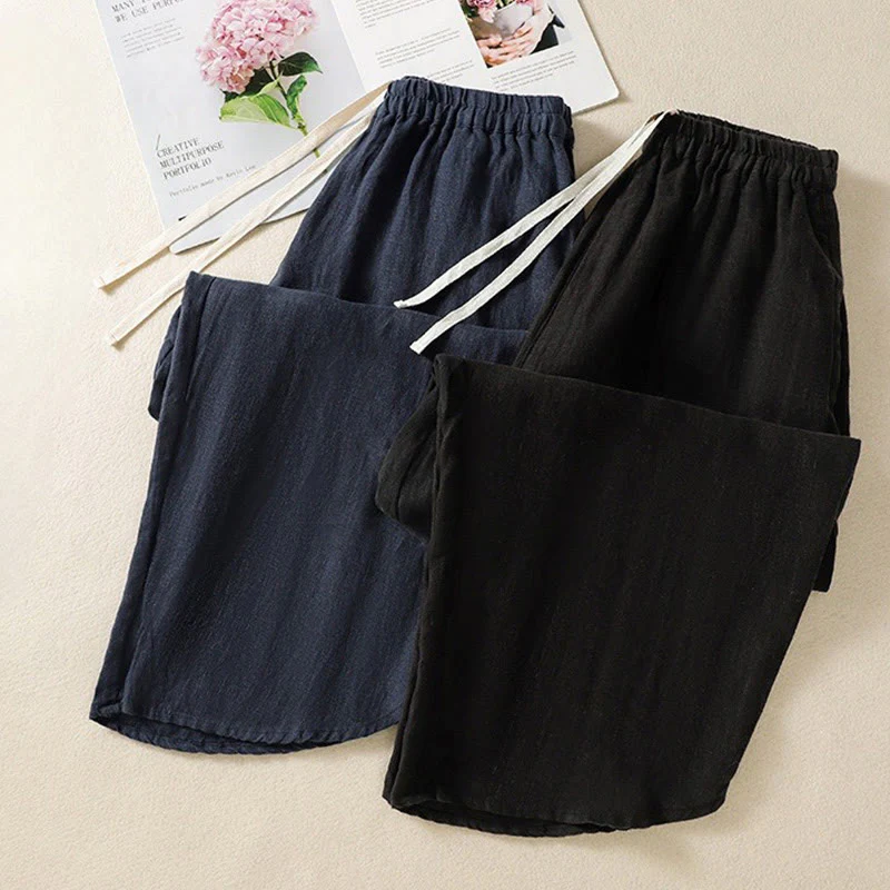 Buddha Stones Casual Plain Drawstring Design Women's Cotton 7-8 Length Pants With Pockets