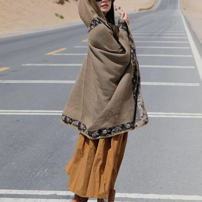 Buddha Stones Tibetan Shawl Border Small Floral Flower Hooded Cloak Winter Cozy Travel Scarf Wrap