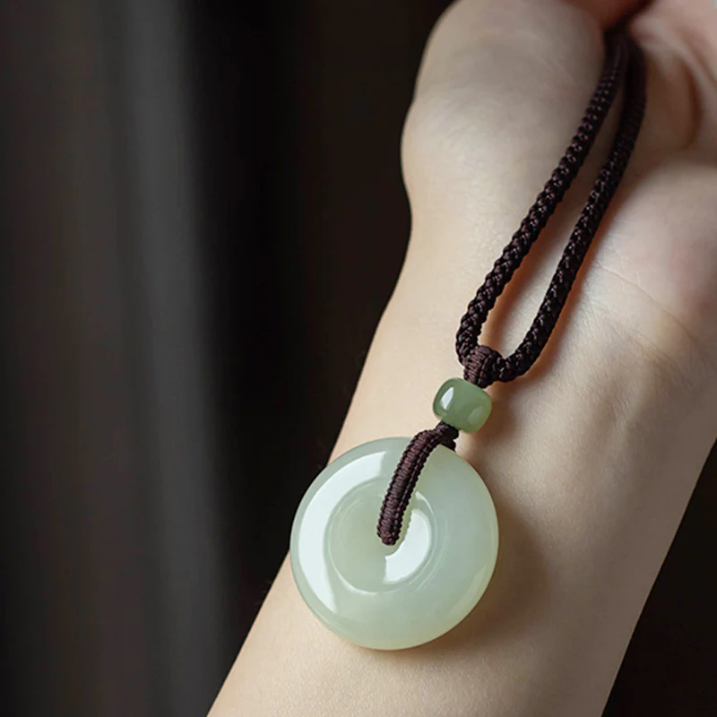 Buddha Stones Natural Round Jade Peace Buckle Luck Prosperity Necklace Pendant