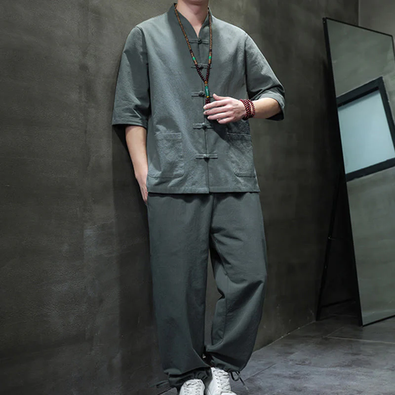 Buddha Stones 2Pcs Tang Suit Frog-Button Design Shirt Pants With Pockets Men's Cotton Linen Meditation Cloth Set