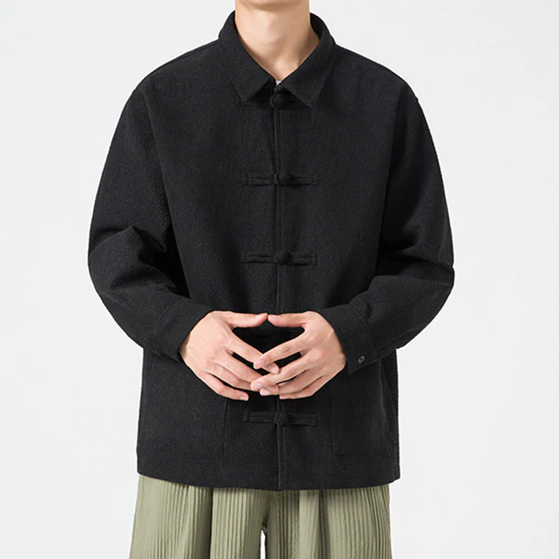 Buddha Stones Long Sleeve Frog-button Design Men's Polyester Jacket Shirt With Pockets