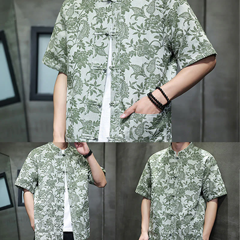 Buddha Stones Casual Jacquard Paisley Flower Plant Pattern Frog-Button Design Men's Cotton Shirt Cardigan With Pockets