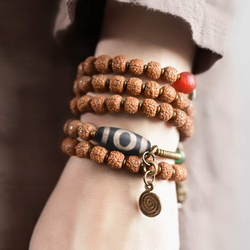 Buddha Stones 108 Mala Rudraksha Beads Bodhi Seed Dzi Bead Luck Auspiciousness Tassel Bracelet