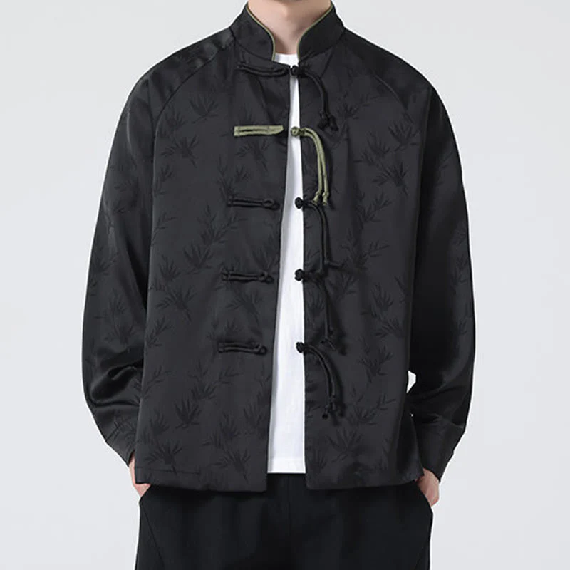 Buddha Stones Spring Jacquard Bamboo Leaves Pattern Chinese Frog-Button Design Men's Long Sleeve Shirt