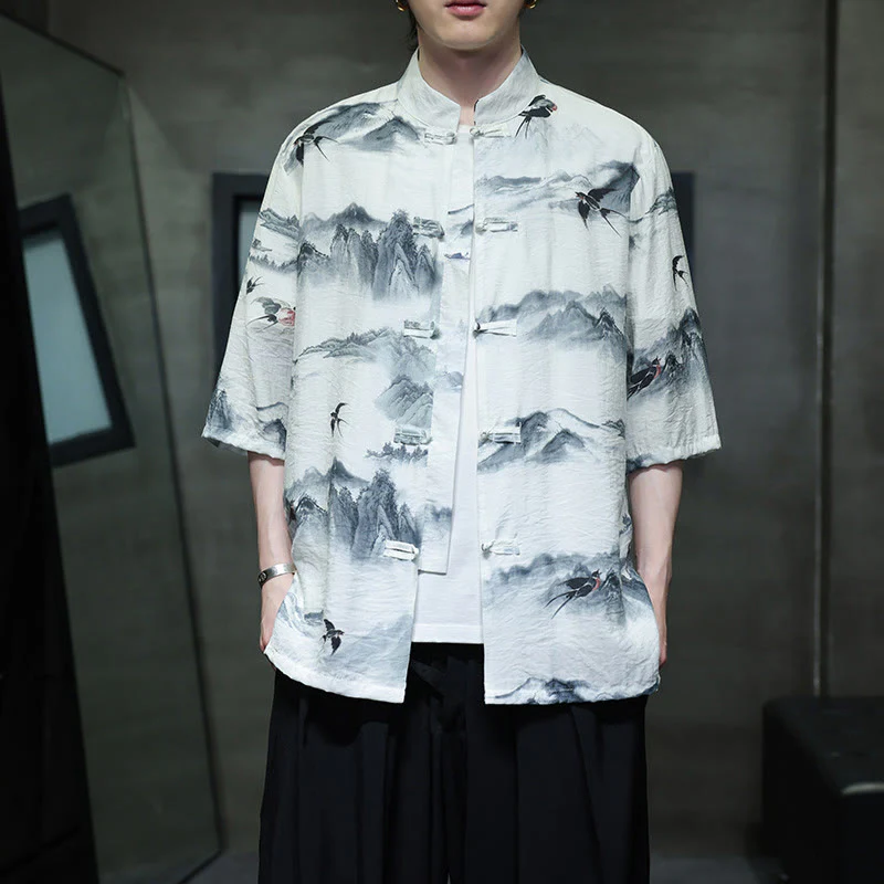 Buddha Stones Ink Painting Mountains Chinese Frog-Button Tang Suit Men's Half Sleeve Cotton Linen Shirt