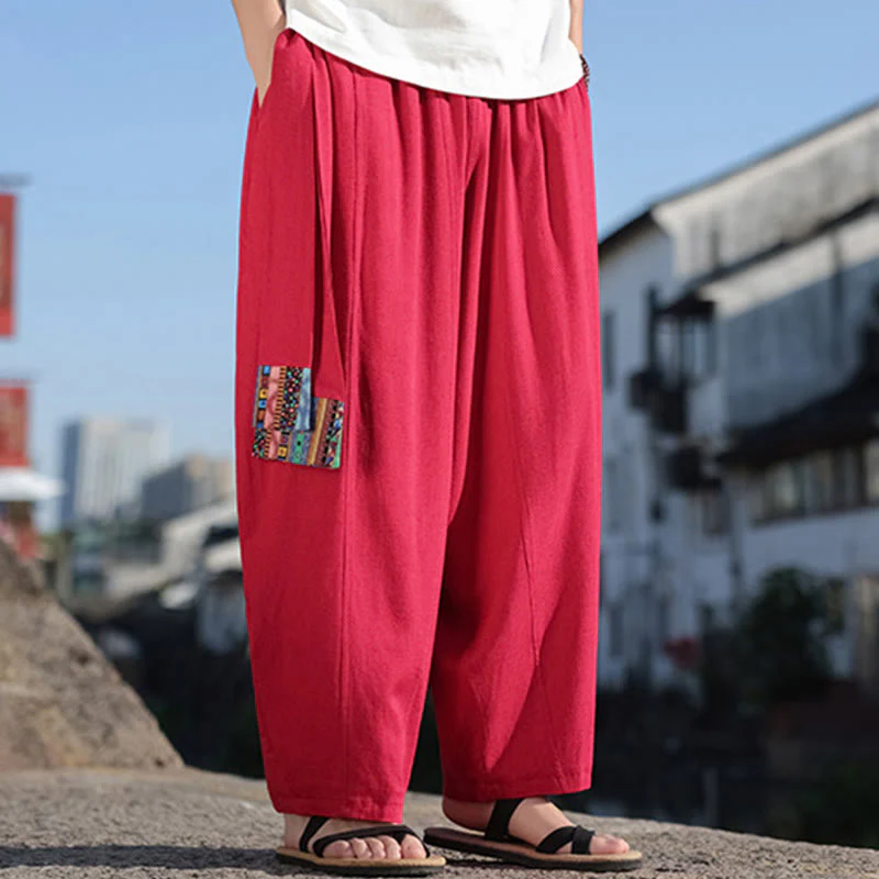 Buddha Stones Simple Patchwork Design Drawstring Soft Cotton Men's Wide Leg Pants With Pockets