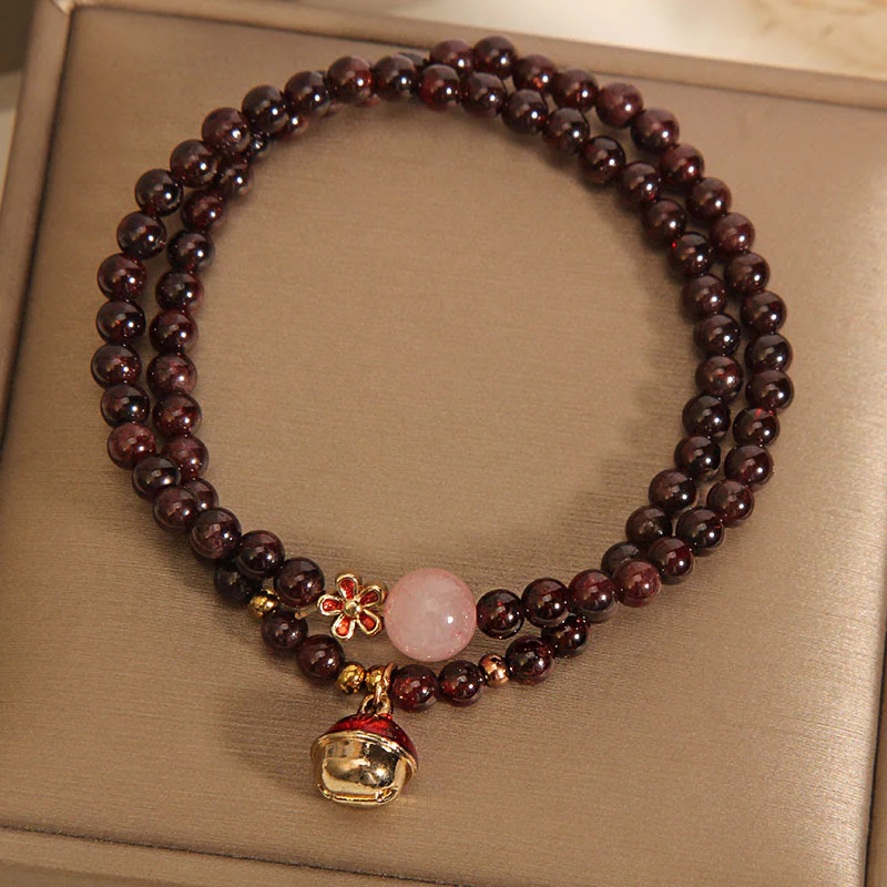 Buddha Stones Natural 3mm Ultra-thin Garnet Rose Quartz Beads Money Bag Bell Flower Protection Bracelet