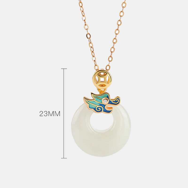 Buddha Stones 925 Sterling Silver Plated Gold Year of the Dragon Hetian Jade Peace Buckle Copper Coin Abundance Necklace Pendant