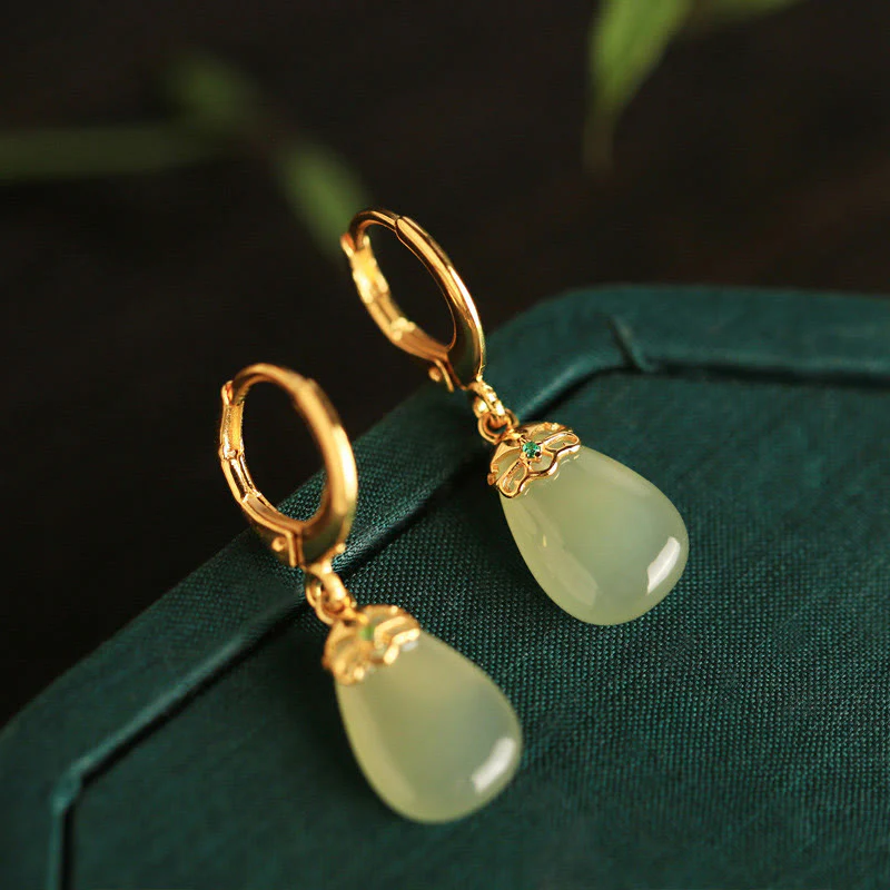Buddha Stones Green Chalcedony Water Drop Strength Copper Posts Earrings
