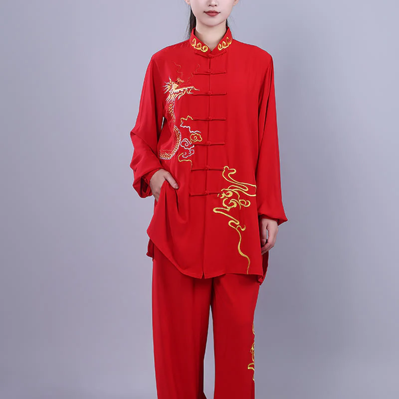 Buddha Stones 2Pcs Fall Embroidery Dragon Frog-Button Tai Chi Meditation Qigong Zen Practice Unisex Cotton Clothing Set