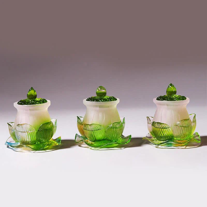 Buddha Stones Feng Shui Lotus Handmade Liuli Crystal Art Piece Home Office Offering Decoration