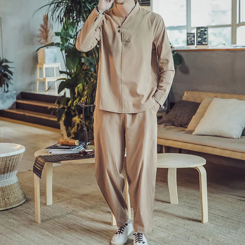 Buddha Stones 2Pcs Cotton Shirt Ankle-Length Pants With Pockets Men's Meditation Cloth Set