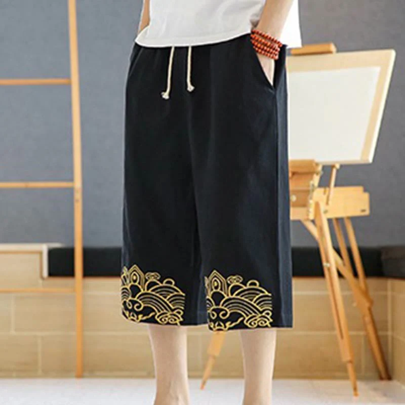 Buddha Stones Spring Casual Embroidery Drawstring Men's 7-8 Length Cotton Linen Harem Pants With Pockets