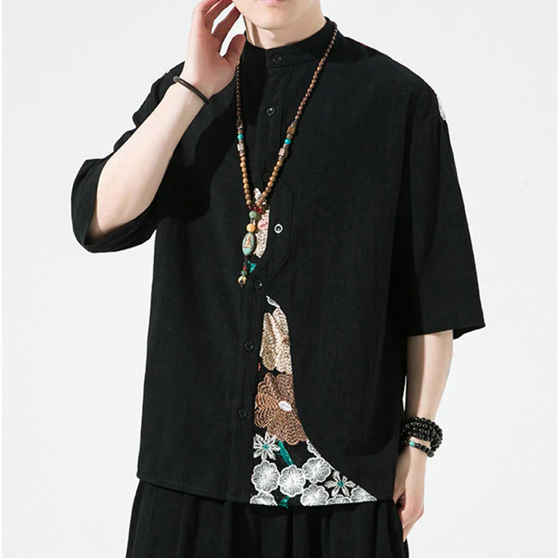 Buddha Stones Embroidery Patchwork Simple Design Three Quarter Sleeve Men's Cotton Linen Shirt