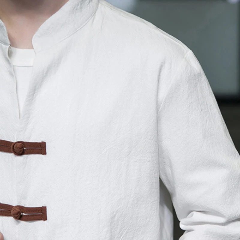 Buddha Stones Men's Stand Collar Frog-button Cotton Linen Long Sleeve Shirt With Pockets