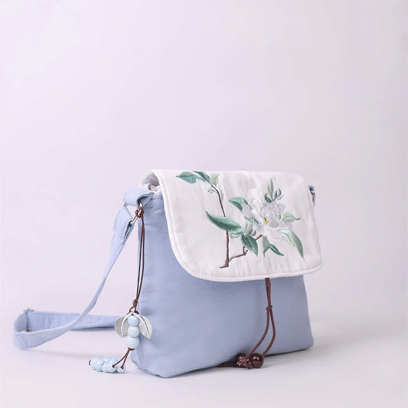 Buddha Stones Embroidered Camellia Epiphyllum Gardenia Sakura Flowers Crossbody Bag Shoulder Bag Cellphone Bag