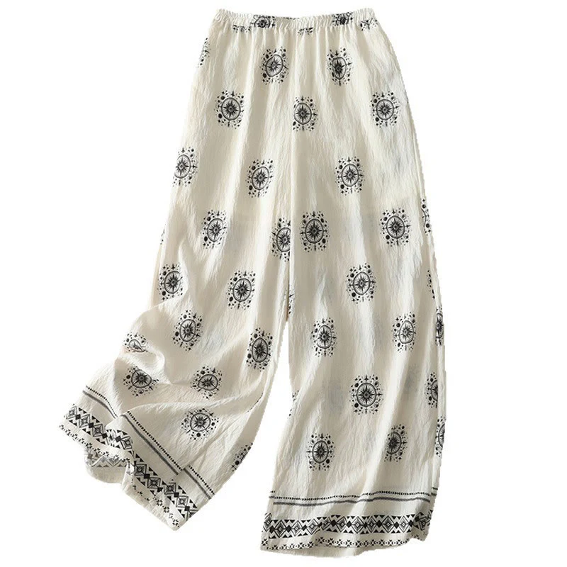 Buddha Stones Bohemian Printing Celestial Pattern Women's Wide Leg Cotton Pants With Pockets