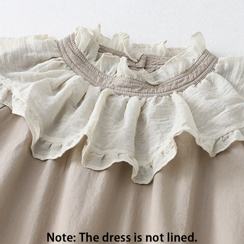 Buddha Stones Casual Ruffled Lace Patchwork Design Puff Sleeve Cotton Midi Dress With Pockets