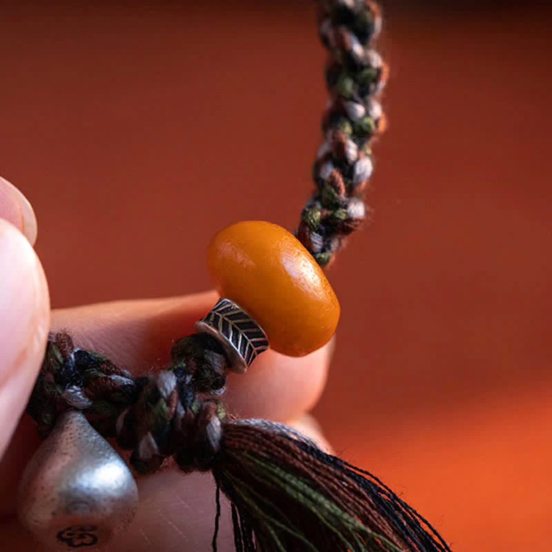 Buddha Stones 990 Sterling Silver Tibetan Handmade Amber Steelyard Weight Wish Protection Bracelet