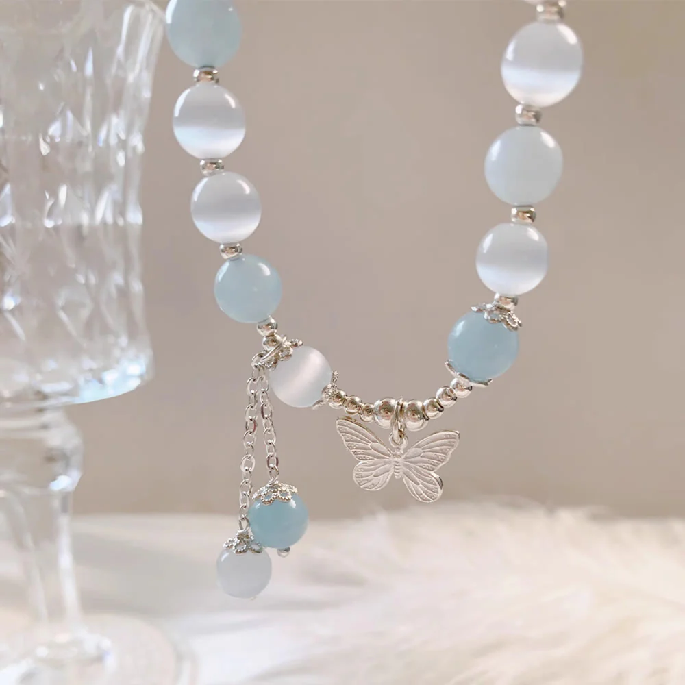 Buddha Stones Cat's Eye Aquamarine Butterfly Charm Support Bracelet