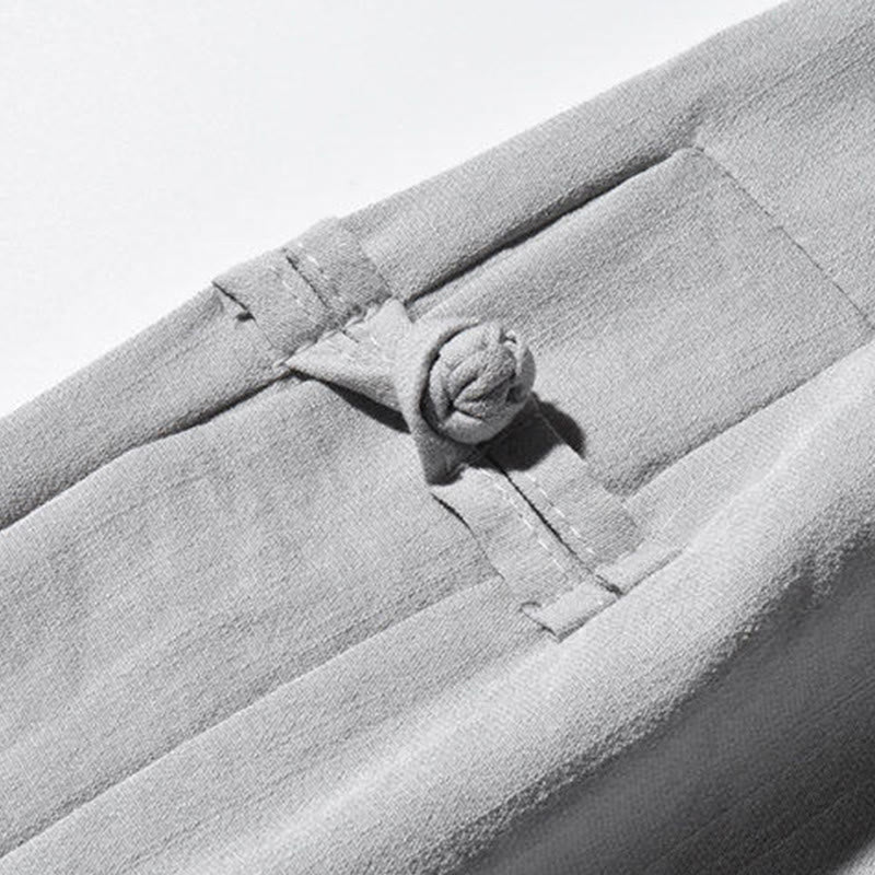 Buddha Stones Casual Patchwork Crane Pattern Frog-Button Design Men's Wide Leg Pants With Pockets