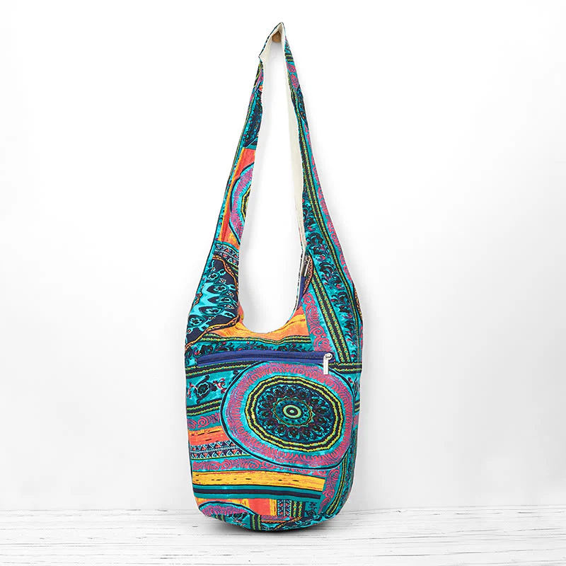 Buddha Stones Blue Flower Pattern Cotton Crossbody Bag Shoulder Bag