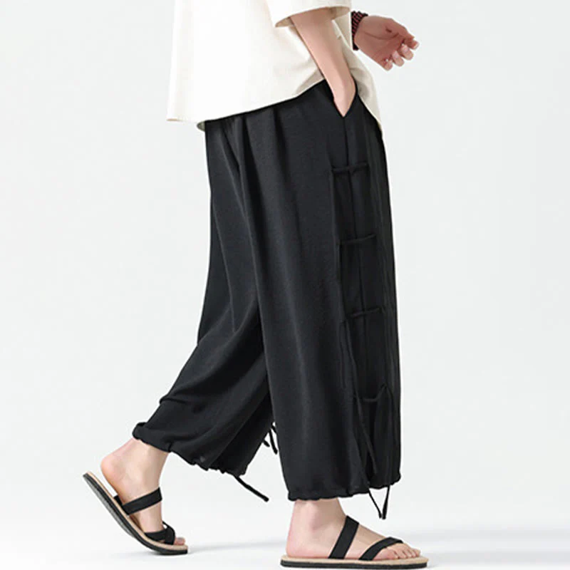 Buddha Stones Casual Loose Lanyard Design Waist Rope Men's 7-8 Length Spandex Pants With Pockets