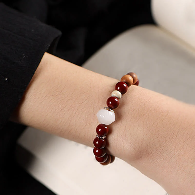 Buddha Stones Cinnabar Wood Beads Lotus Fu Character Blessing Bracelet