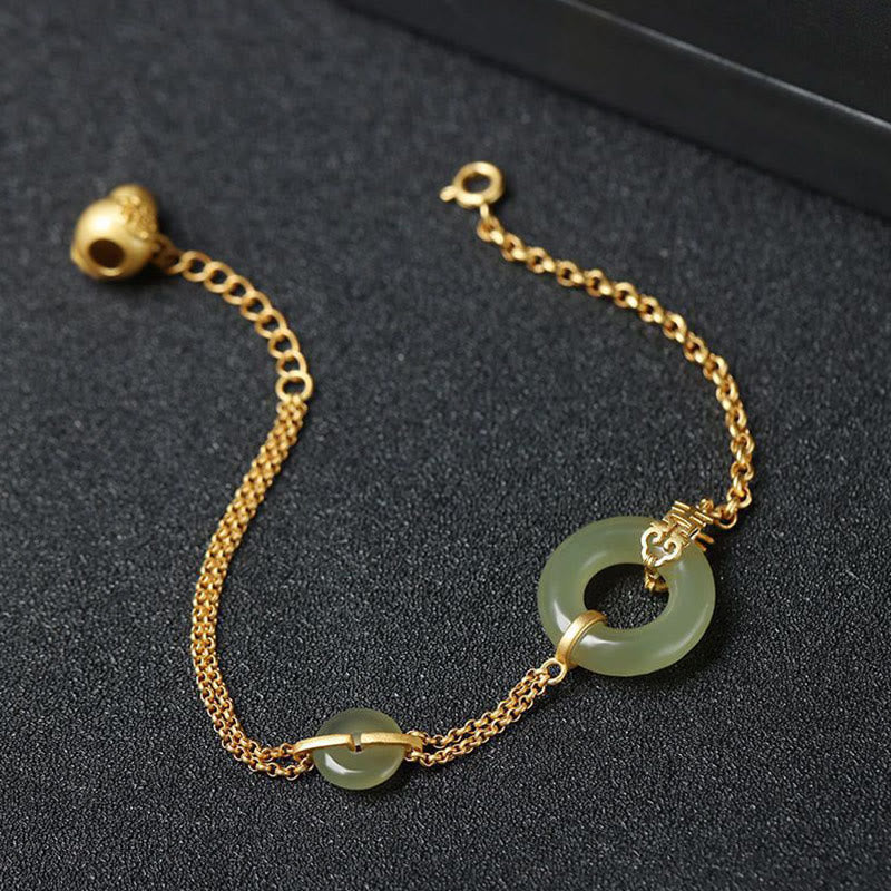 Buddha Stones Round Jade Peace Buckle Gourd Fu Character Auspicious Prosperity Chain Bracelet