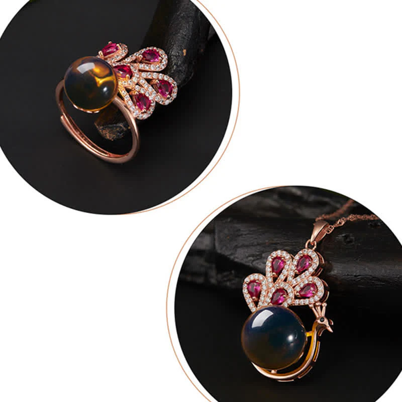 Buddha Stones Peacock Amber Fortune Love Necklace Pendant Ring