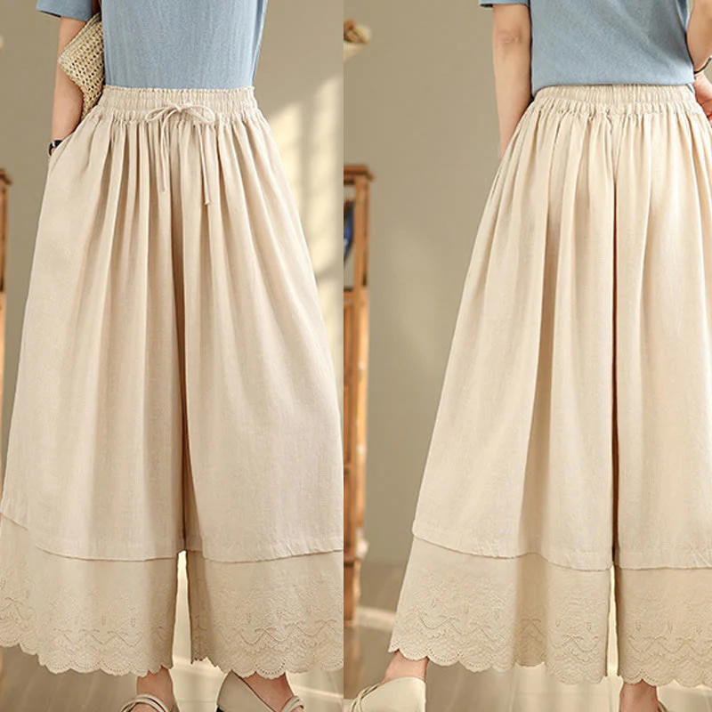 Buddha Stones Spring Embroidery Lace Hem Patchwork Drawstring Design Women's Wide Leg Cotton Pants With Pockets