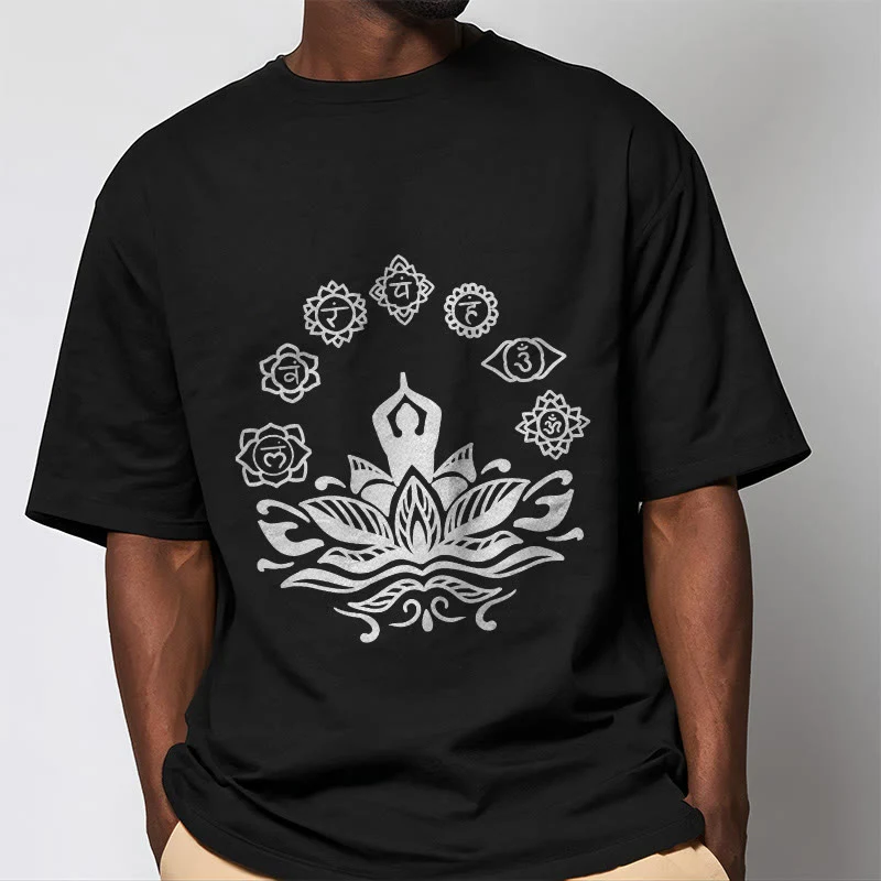 Buddha Stones Casual Meditating Figure Lotus Flower Seven Chakras Pattern Cotton Tee T-Shirt