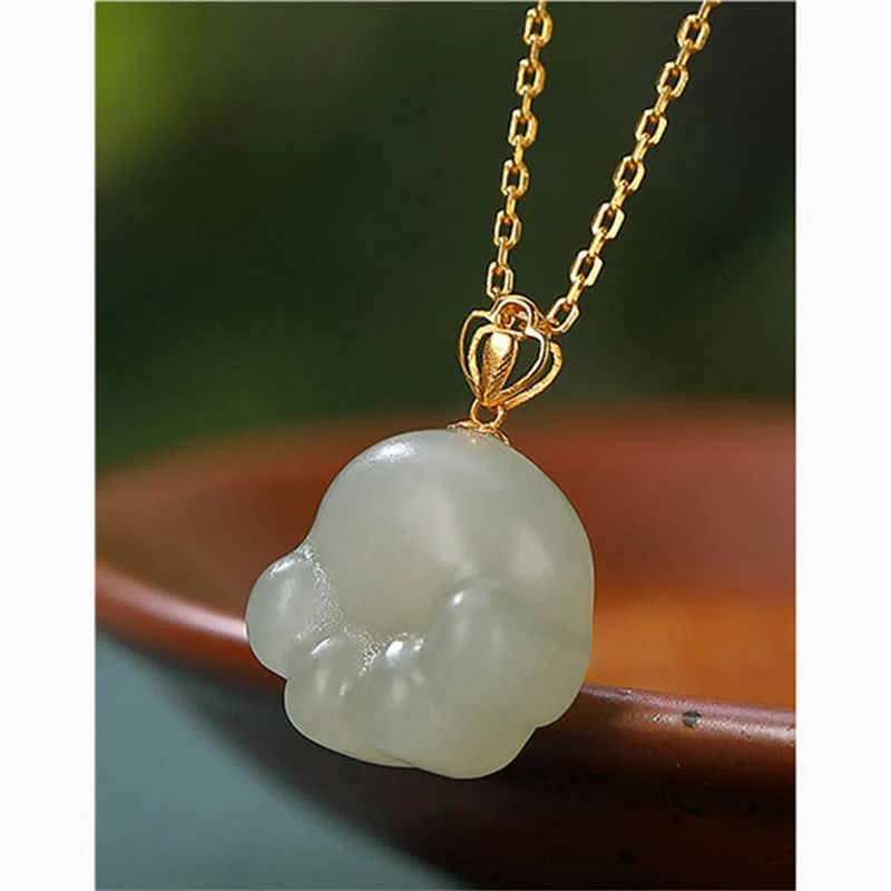 Buddha Stones 925 Sterling Silver Hetian White Jade Cute Cat Paw Luck Necklace Pendant