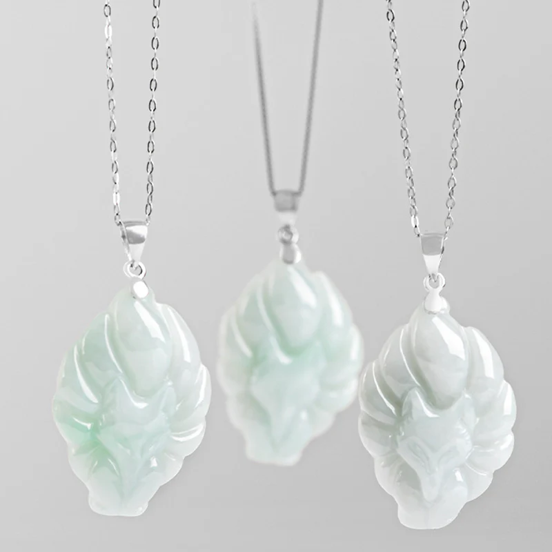 Buddha Stones 925 Sterling Silver Natural Jade Nine Tailed Fox Prosperity Necklace Pendant