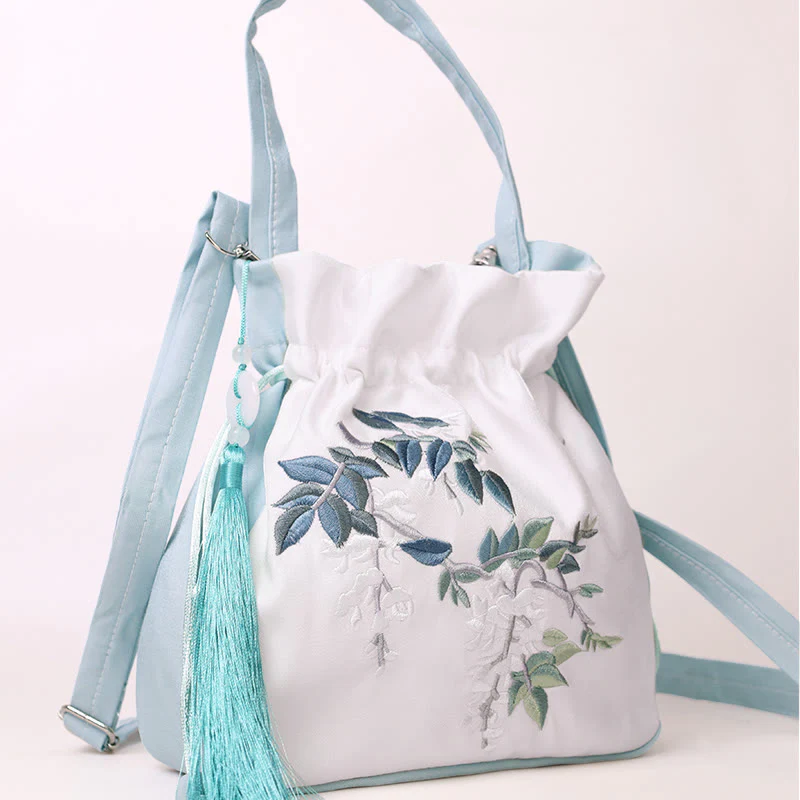 Buddha Stones Embroidered Flowers Wisteria Lily Cotton Linen Tote Crossbody Bag Shoulder Bag Handbag