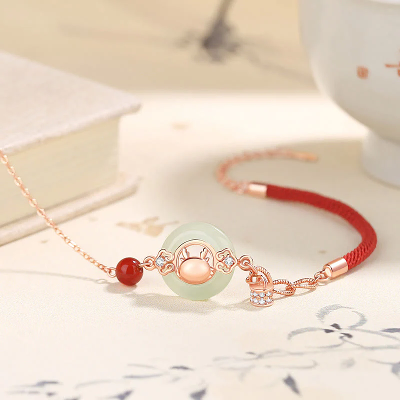 Buddha Stones 925 Sterling Silver Year of the Dragon Natural Hetian Jade Zircon Peace Buckle Protection Bracelet Necklace Pendant (Extra 30% Off | USE CODE: FS30)