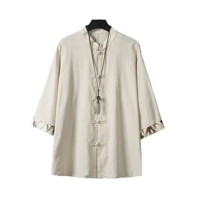 Buddha Stones Summer Plain Chinese Frog-button Patchwork Design Cotton Linen Men's Shirt Jacket