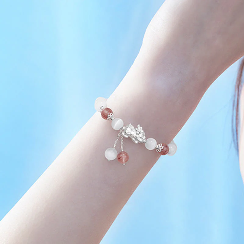 Buddha Stones Natural Cat's Eye Moonstone Strawberry Quartz PiXiu Support Bracelet