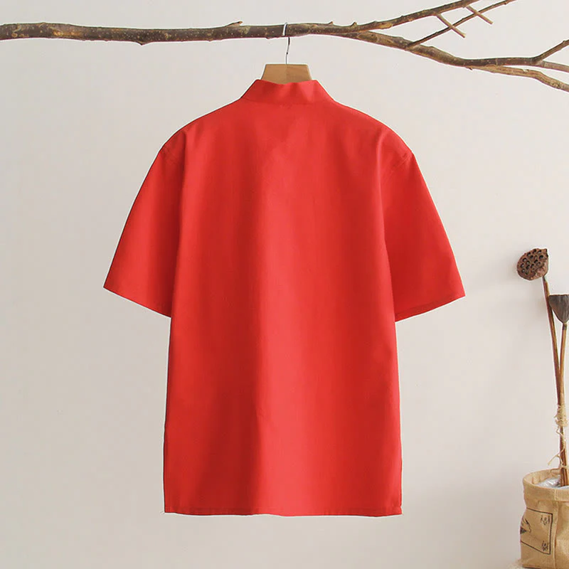 Buddha Stones Chinese Frog-Button Tang Suit Men's Short Sleeve Cotton Shirt With Pockets