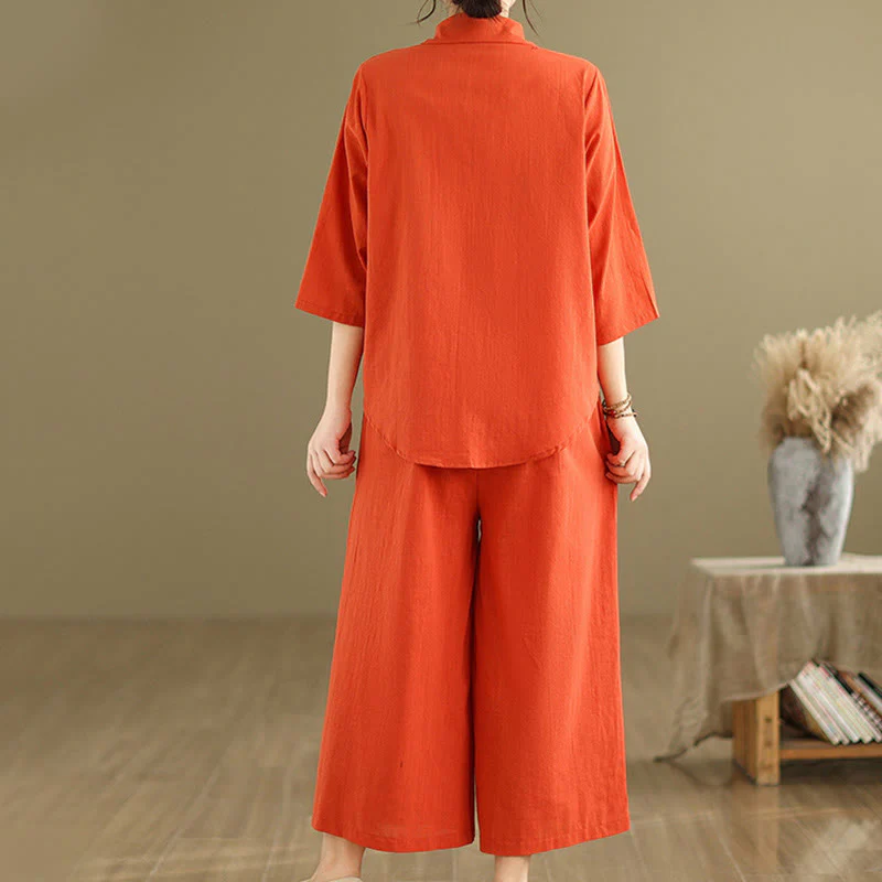 Buddha Stones 2pcs Casual Women's Stand Collar Shirt Loose Pants Meditation Clothing Set