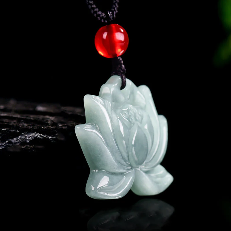 Buddha Stones Lotus Flower Pattern Carved Jade Prosperity Necklace Pendant