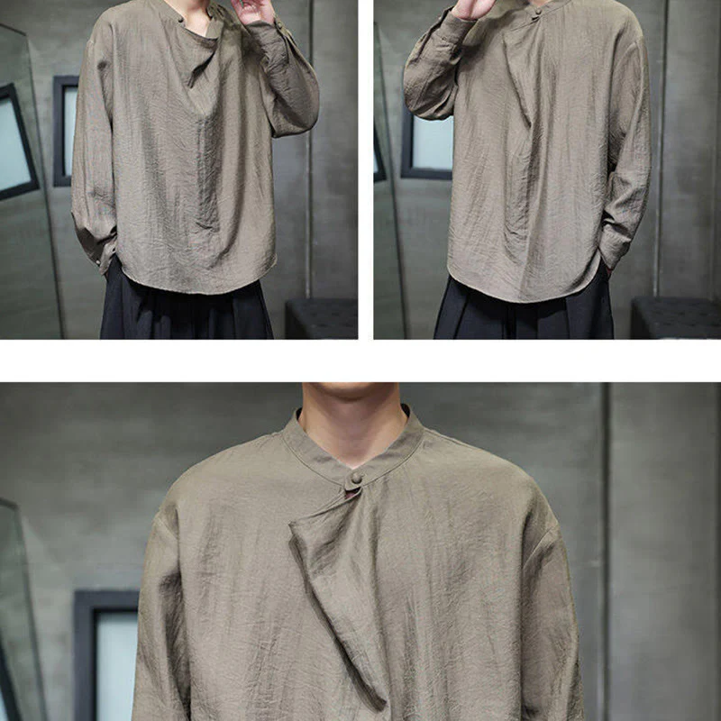 Buddha Stones Spring Solid Color Pleated Stand Collar Design Tang Suit Men's Long Sleeve Linen Shirt