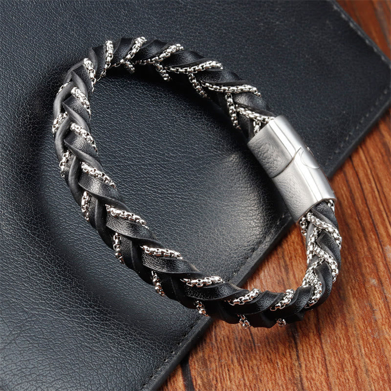 Buddha Stones Simple Design Titanium Steel Calm Braided Leather Buckle Bracelet